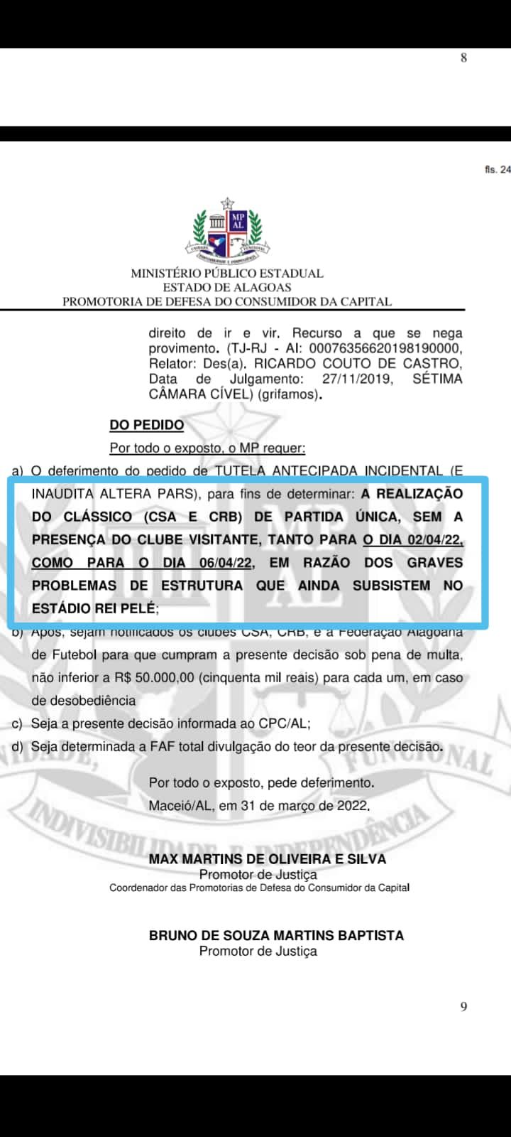 MPAL pede que jogos entre CRB e CSA sejam com torcida única